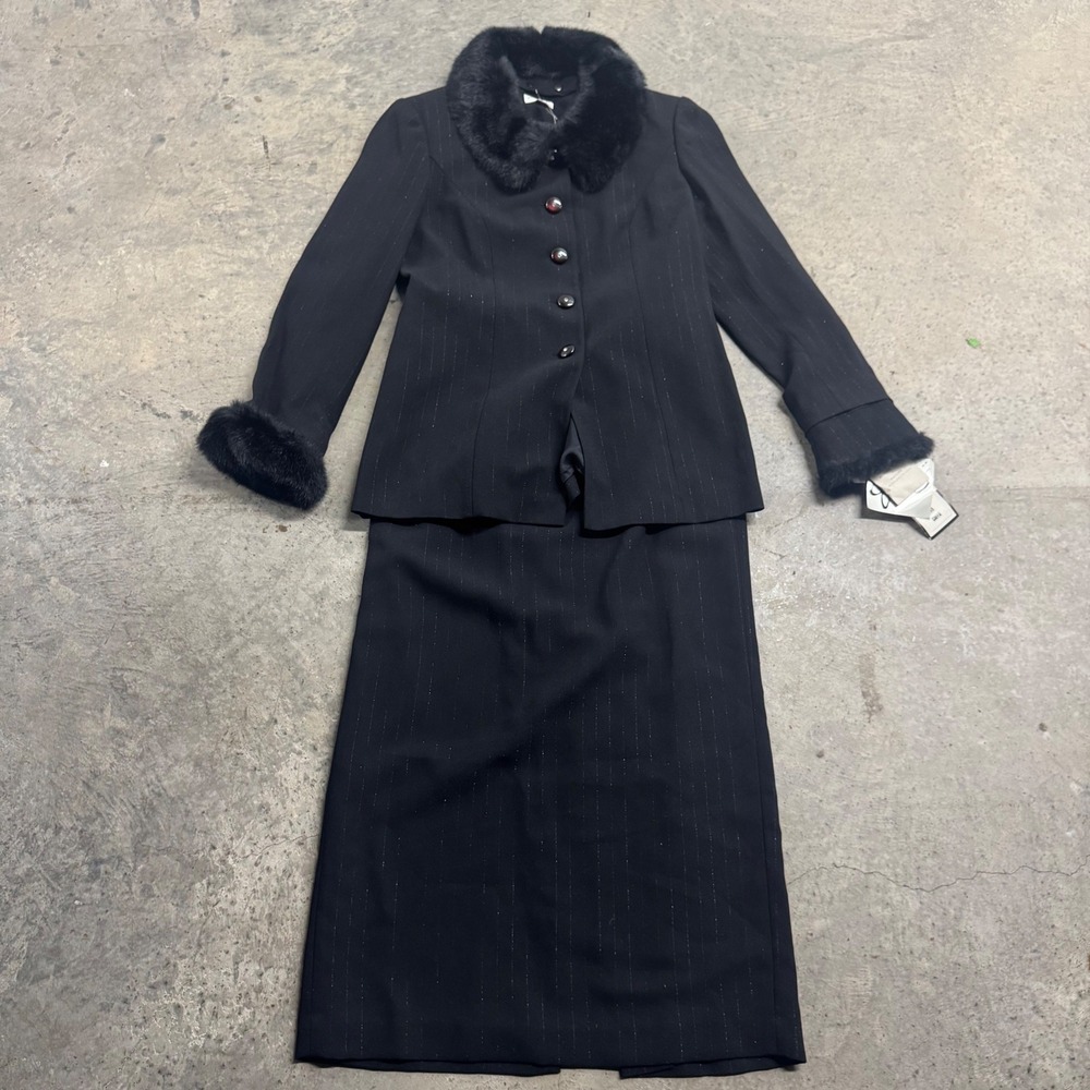 Emily... Black Fur Blazer Skirt Set S/8 VTG Retro Y2k Women's Old Money Preppy